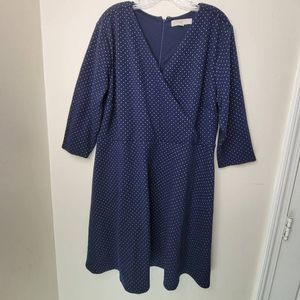 Loft Plus Dress 22 Navy Blue Polka Dot Knit A-Line 3/4 Sleeve V-Neck Back Zipper